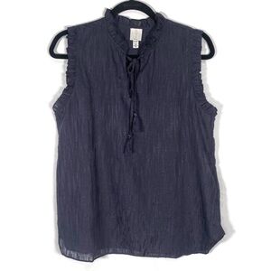 Joie Ruffle Sleeve and Collar Black and Metallic Threading Tie Neck